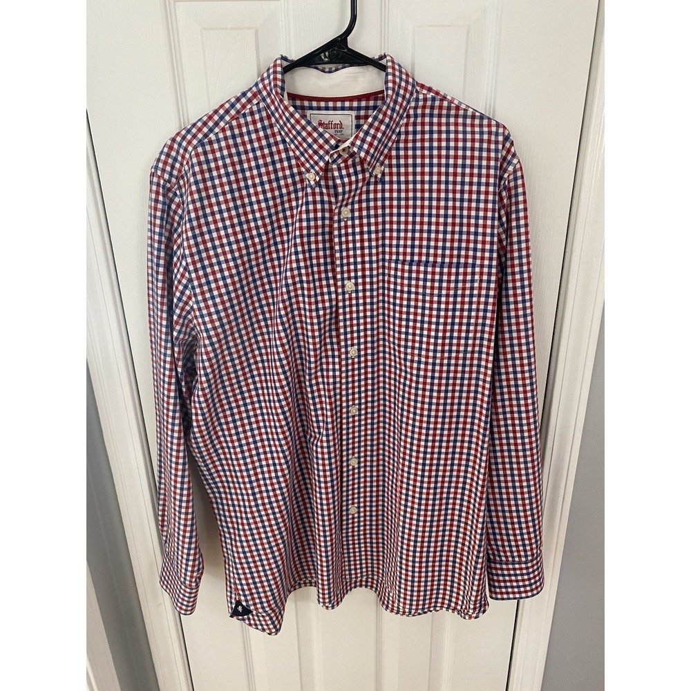 Stafford Men's Button Down Shirt Size Large L Red Blue Check Plaid Cotton Preppy